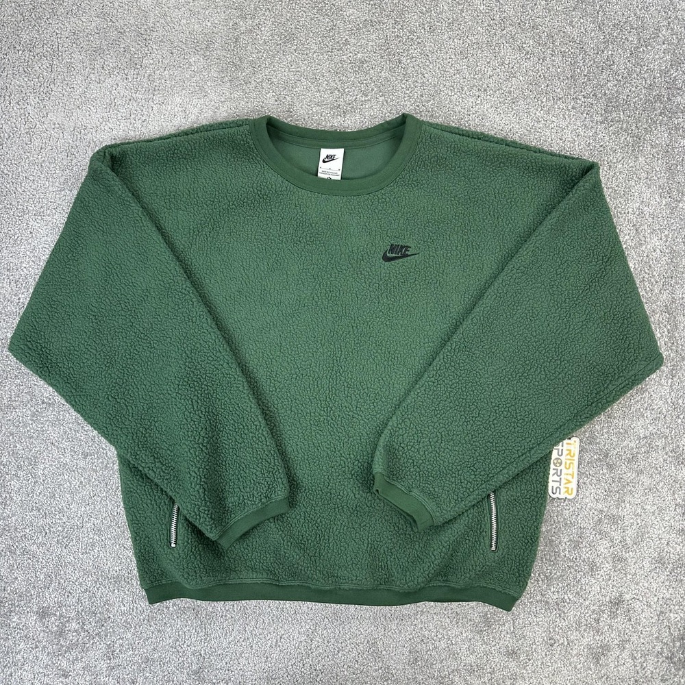 Nike Fleece Sweatshirt Mens Medium Green Oversized Sherpa Zip Pockets FB8378-323